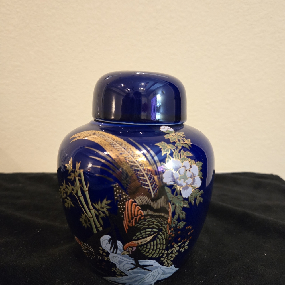 Blue Ceramic Jar with Bird and Floral Design